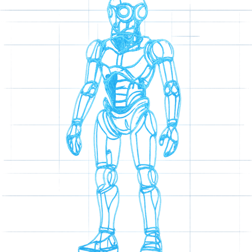 A glowing technical blueprint schematic of a full AI agent figure, representing the built, deployed system.